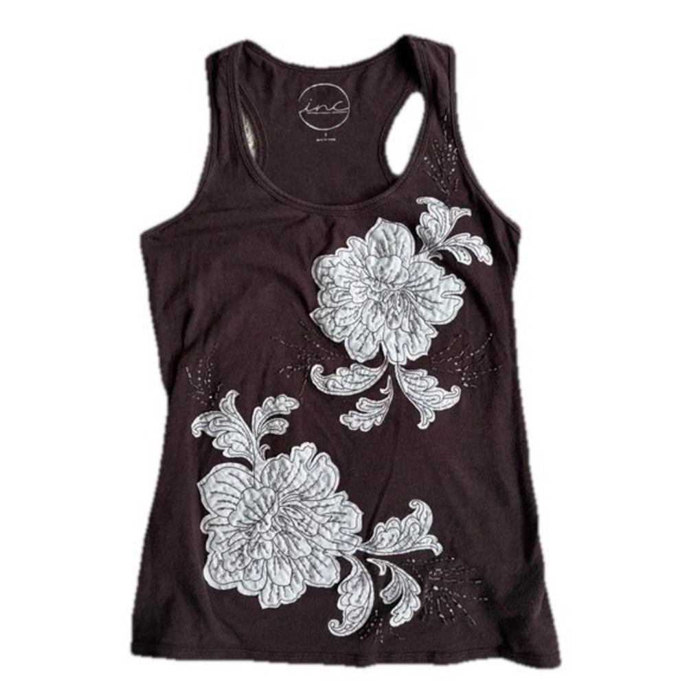 INC Embroidered Floral Racerback Tank Cami Size S Brown Beaded Boho Casual Layer